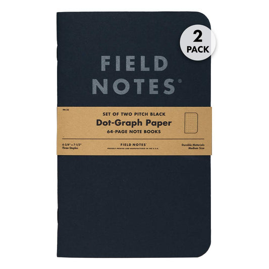 Field Notes 2-Pack Pitch Black Notebooks (4.75" X 7.5"), Dot-graph, 64 Pages | Thin Pocket Sized