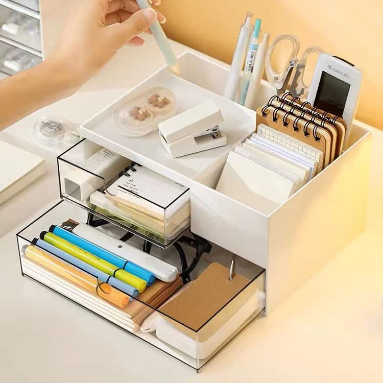 Desk Drawer Organizer, Desk Storage Box with 2 Drawers and 4 Compartments, Multifunctional Desk