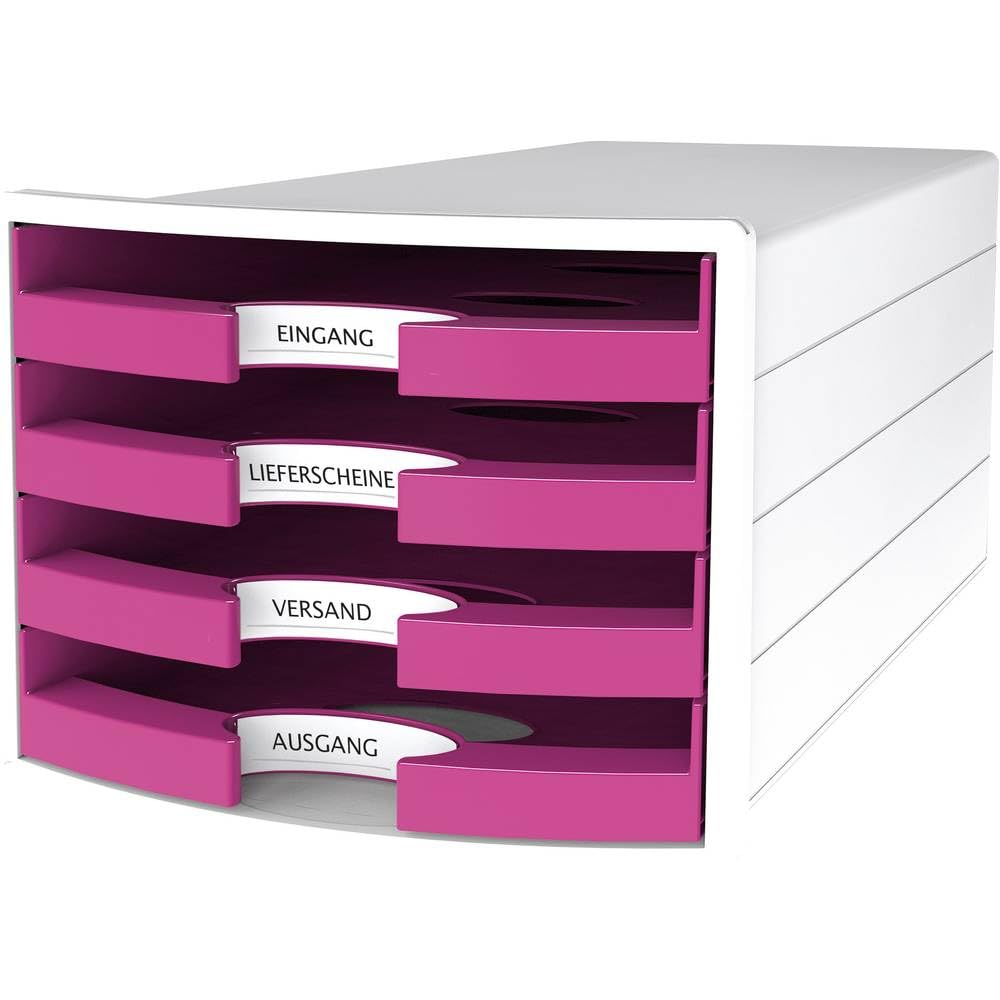 Han Impuls Drawer Box DIN A4/C4 4 Open Drawers White/Trend Colour Pink