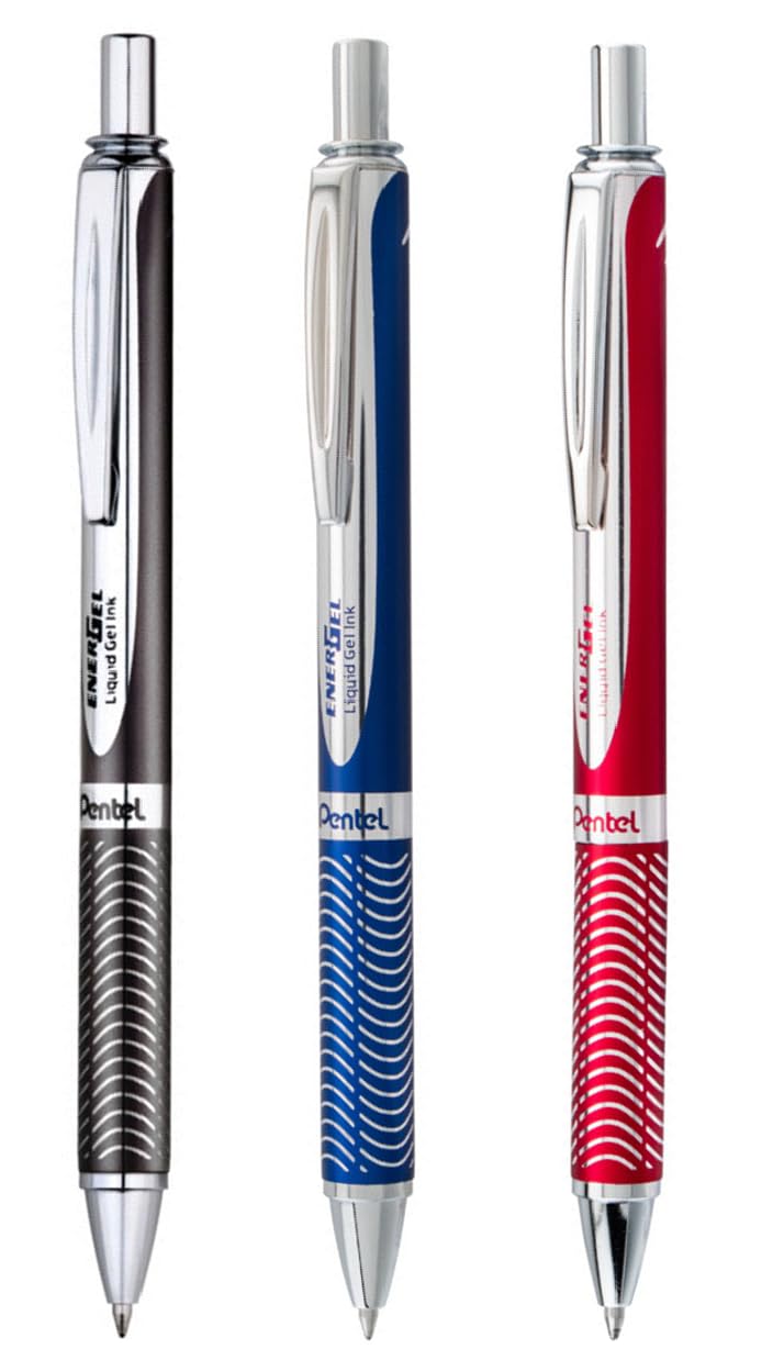 Pentel Energel Alloy Retractable Liquid Gel Pen, (0.7mm) Medium Line, Black Barrel, Blue Barrel