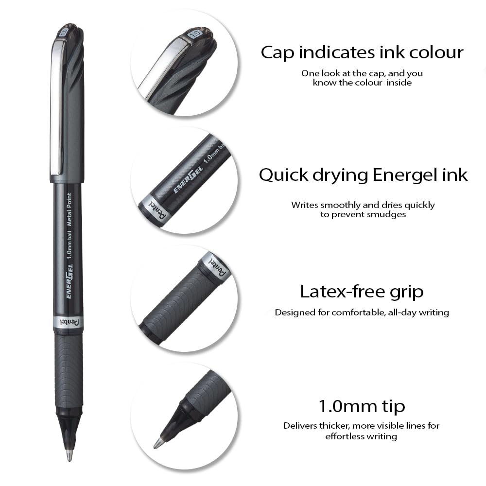 Pentel ENER-GEL NV Liquid Gel Pen, 1.0mm, Barrel, Black Ink, Box of 12 (BL30-A)