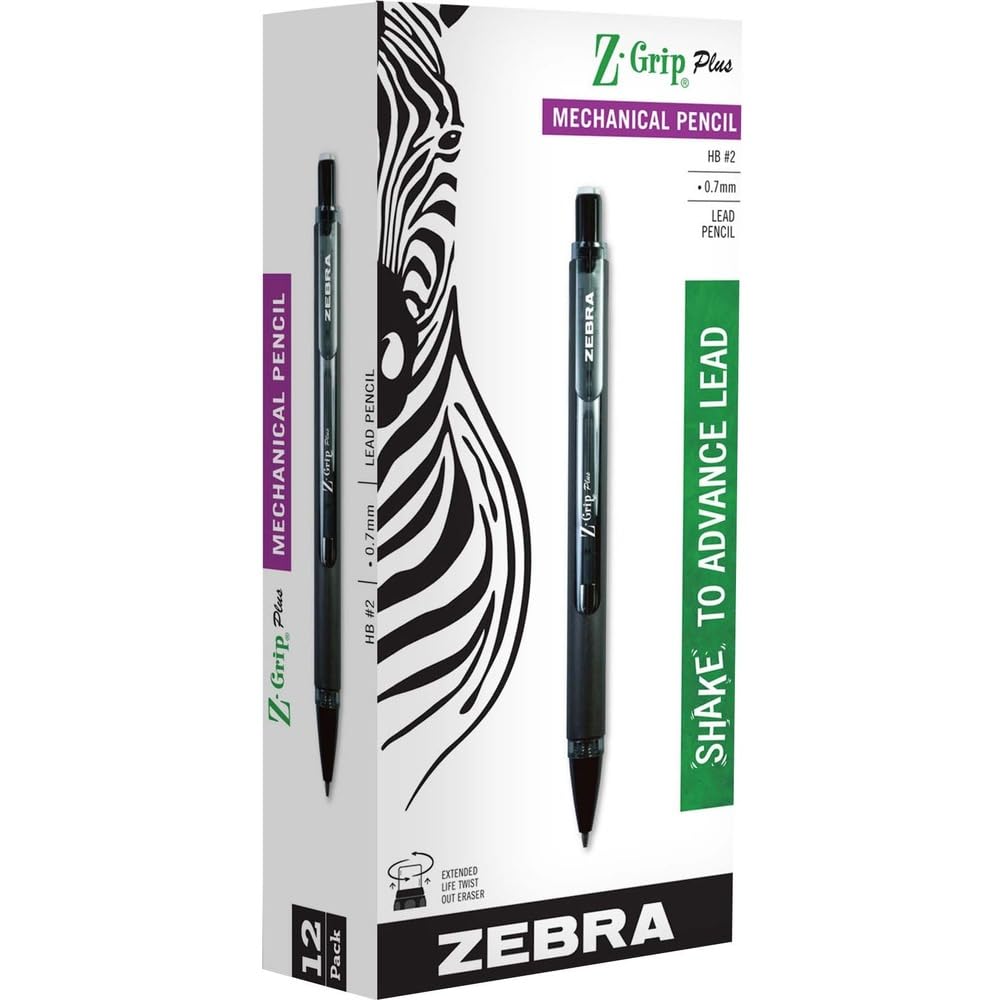Zebra Pen Z-Grip Plus Mechanical Pencil, 0.7mm #2 HB, Clear Barrel, 12-Pack