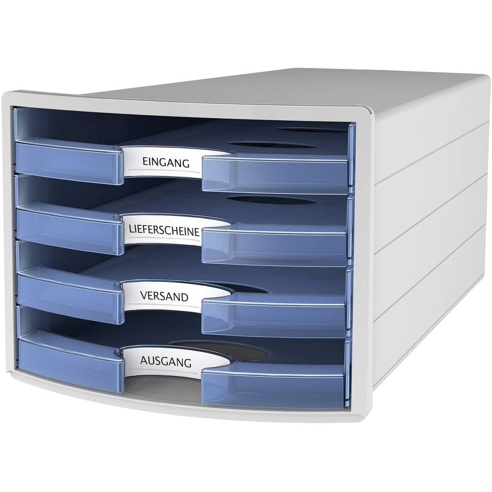 Han 1013-64 Impuls Drawer Box DIN A4/C4 4 Open Drawers Light Grey/Translucent Blue