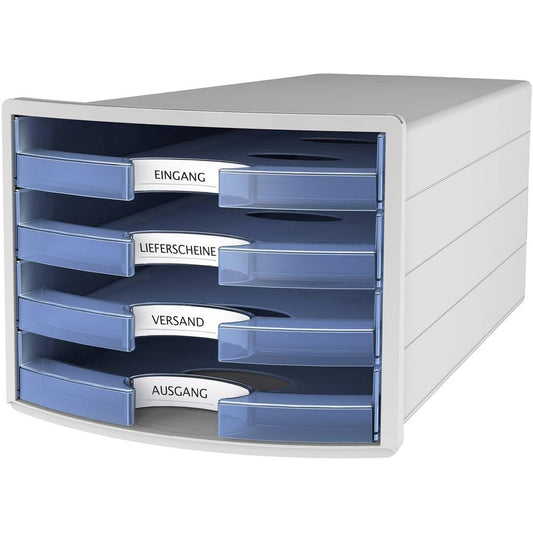 Han 1013-64 Impuls Drawer Box DIN A4/C4 4 Open Drawers Light Grey/Translucent Blue