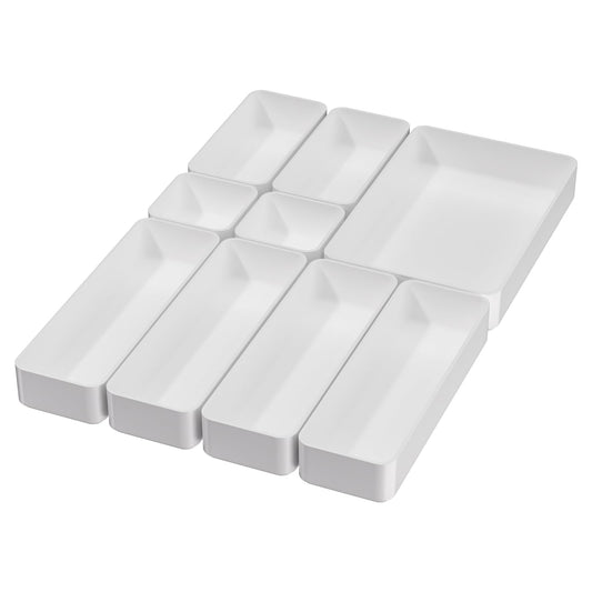 White Desk Drawer Organizer Trays: 9PC Shallow Vanity Bathroom Organizers