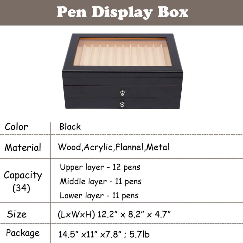 3 Layer Wood Pen Display Box 34 Pen Organizer Box,Pen Display Case Storage and Fountain Pen