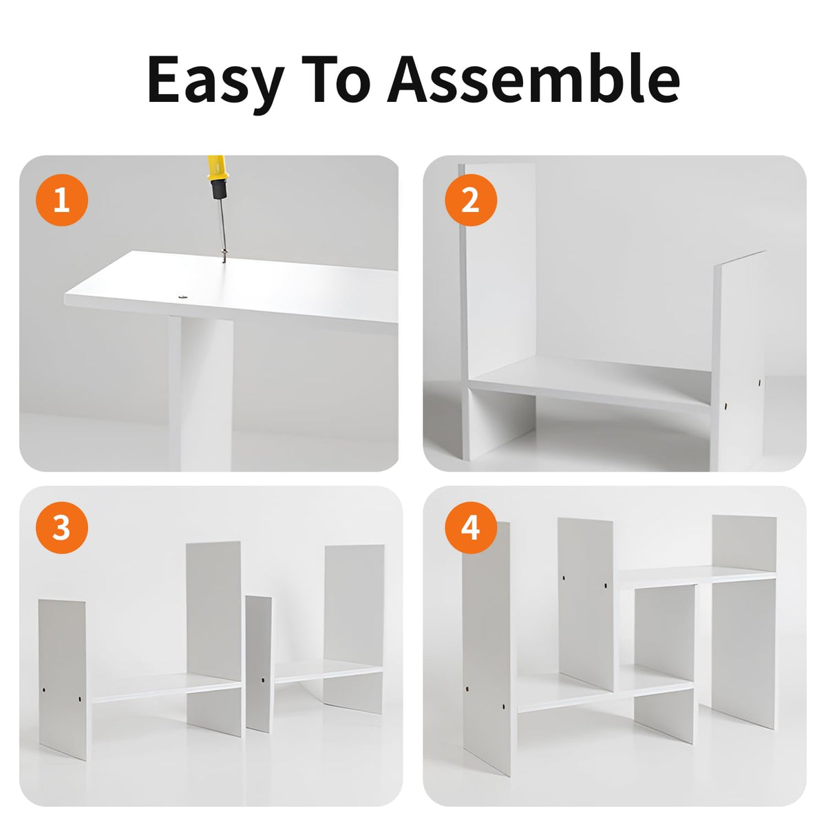 JLD Wood Adjustable 5-Shelf Desktop Bookshelf, Expandable Office Storage Rack, White