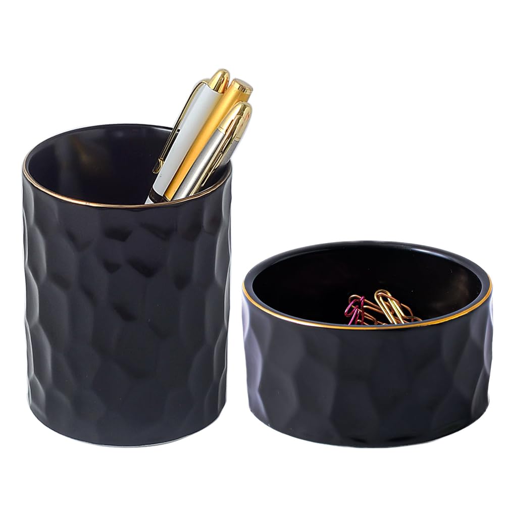 Aesthetic Desk Organizer Set of 2 For Office, Ceramic Pen Holder and Paper Clip Holder Dispenser