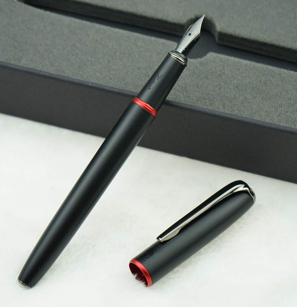 erofa Picasso 916 Matte Black & Red Ring Fountain Pen with Box - Titanium Gray Extra Fine Nib