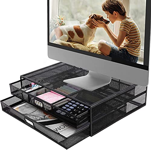 AEGISMILE Desktop Monitor Stand Riser with Drawer Metal Mesh Computer Desk Organizer with Dual Pull
