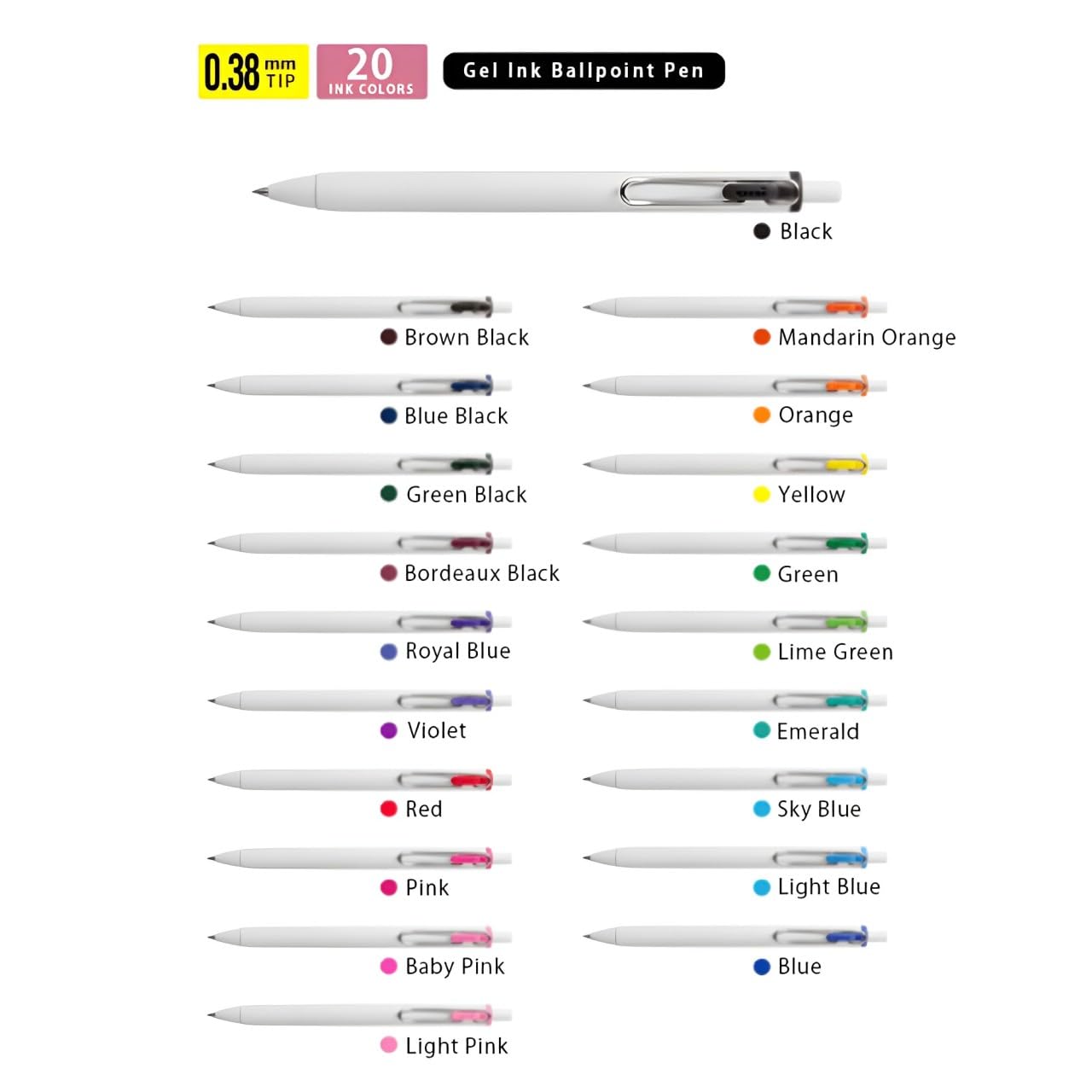 Mitsubishi Pencil Gel Ink Ballpoint Pen, Uni-ball One, 0.38mm, Set of 20 Colors
