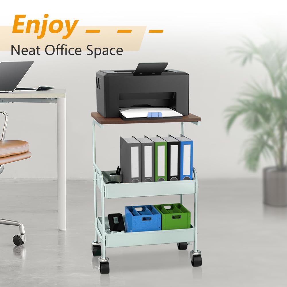 HIDODO Rolling Cart with Wooden Tabletop, 3 Tier Metal Utility Cart, Rolling Storage Organizer Cart