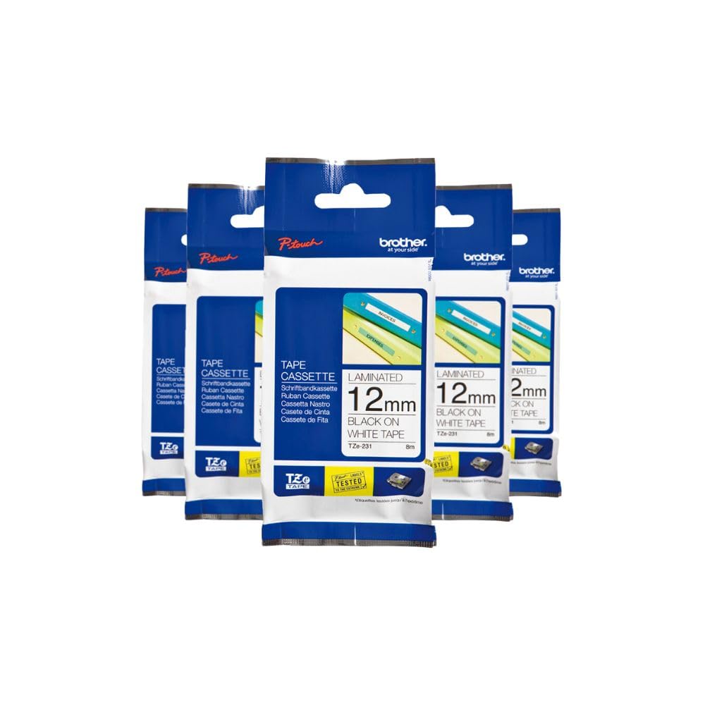 Brother TZe-231 Labelling Tape Cassettes, Black on White, Multi-Pack, 12 mm (W) x 8 m (L), Includes