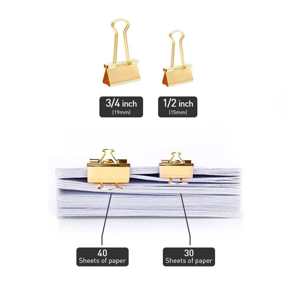 Medium Binder Clips Width 1.25 Inch Capacity 0.6 Inch Gold 24 PCS, Binder Clips 32mm for Teacher