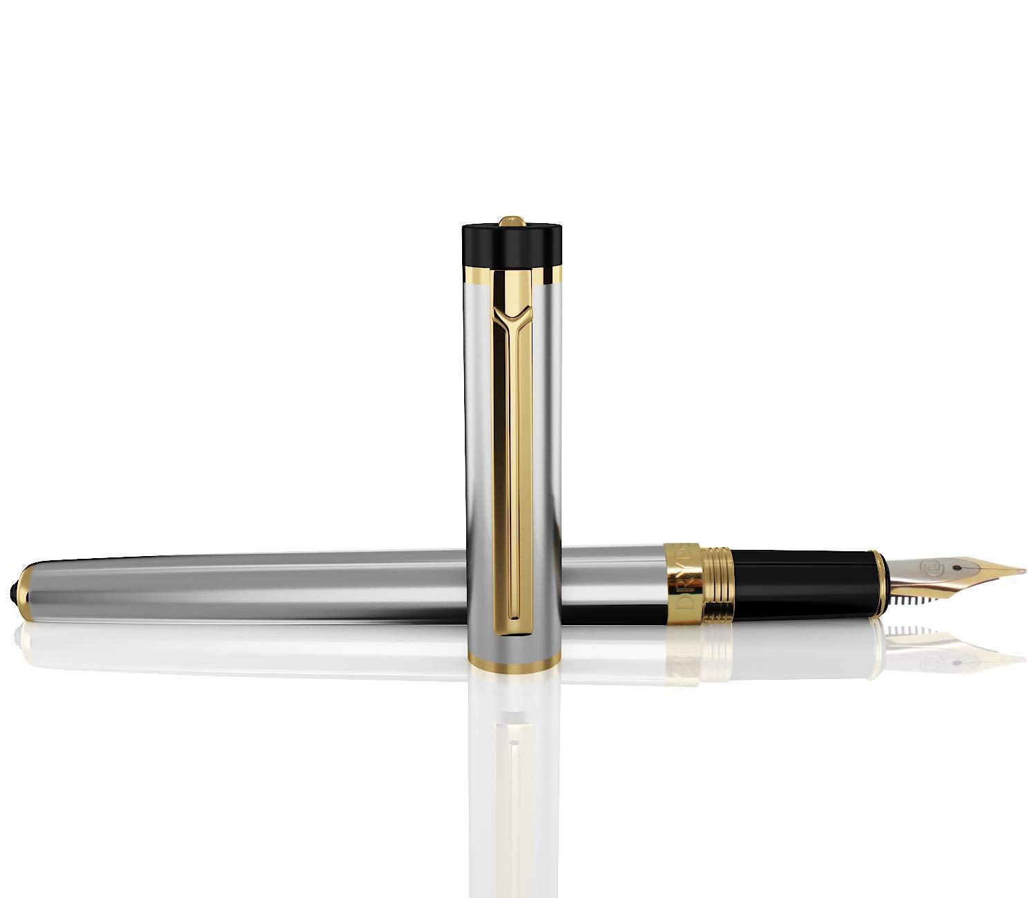 Dryden Designs Fountain Pen. Medium Nib Premium Box | 6 Ink Cartridges Included (Metallic Silver)