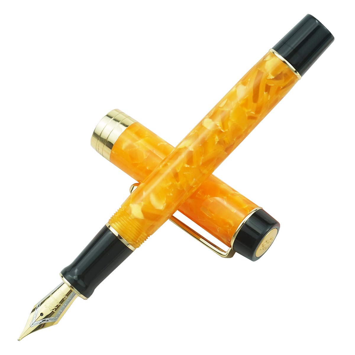 Jinhao 100 Classic Fountain Pen Orange Marble Celluloid, Extra Fine Nib with Converter and Pen Case