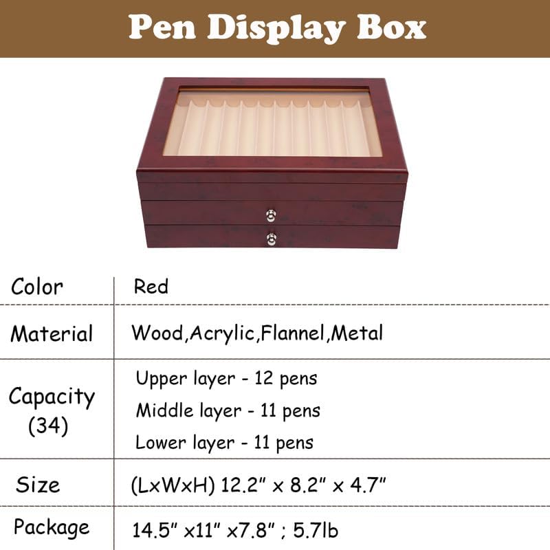 3 Layer Wood Pen Display Box 34 Pen Organizer Box,Pen Display Case Storage and Fountain Pen