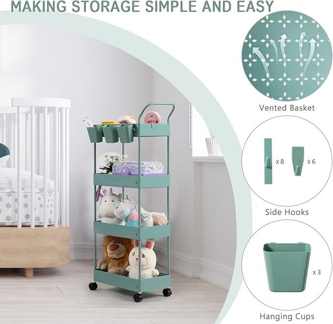 danpinera Slim Storage Cart on Wheels, 4 Tier Narrow Laundry Cart with Hooks Hanging Cups Dividers