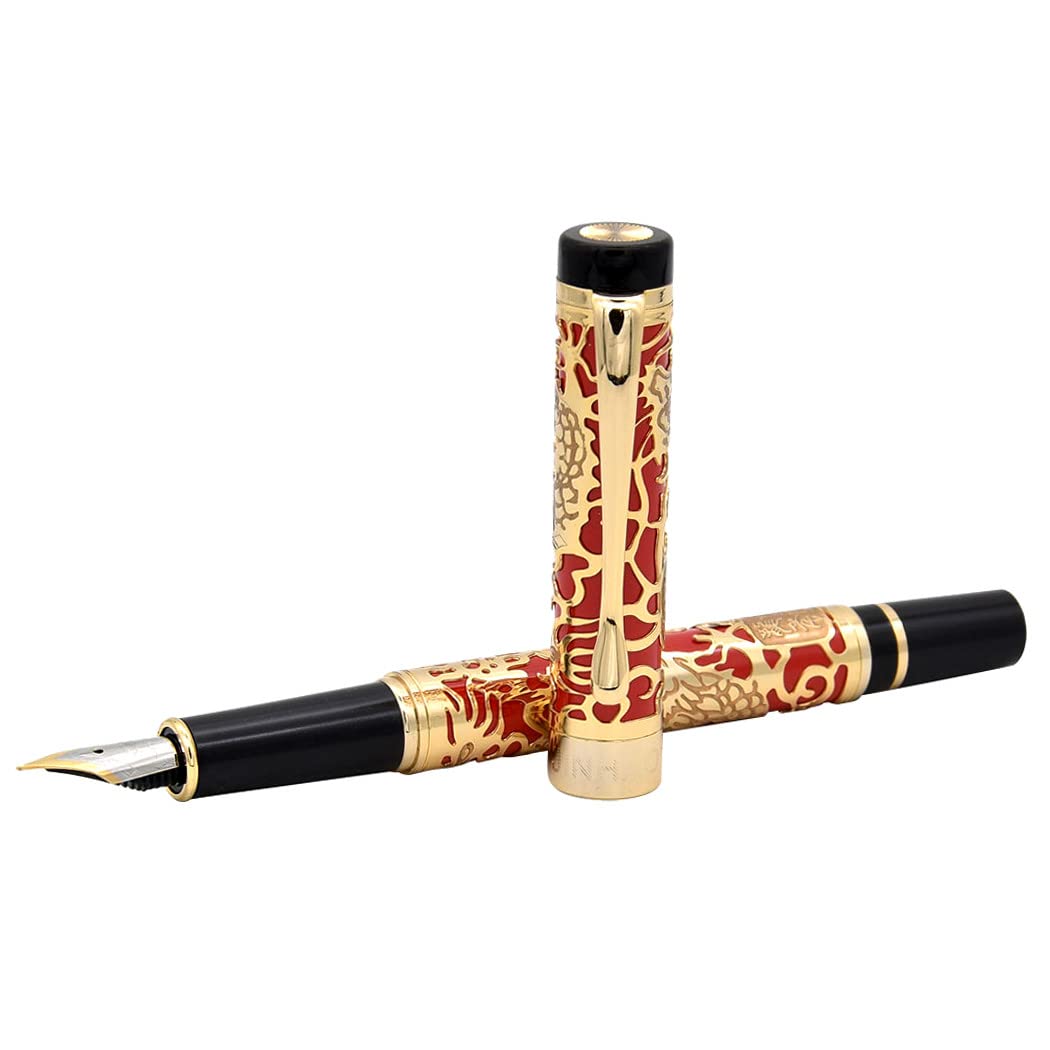 zoohot Jinhao Dragon Pen Fine Nib Fountain Pen with Converter and Box Set (Red)