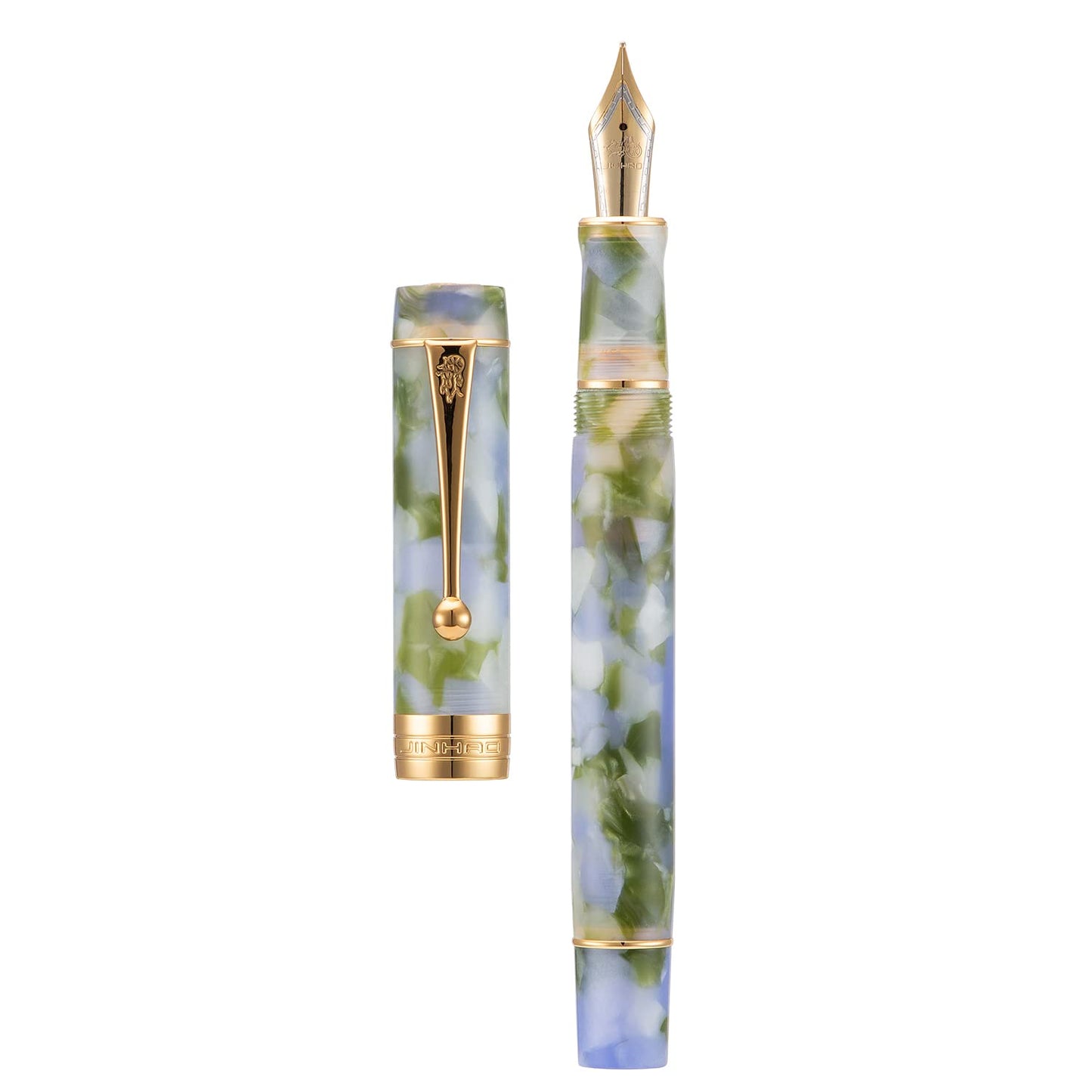 Jinhao 100 Fountain Pen Classic Style Blue Green Acrylic, Fine Point with Converter and Gold Trim