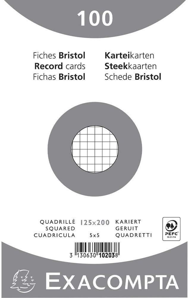 Exacompta - Ref 10203E - Bristol Squared Record Cards (Pack of 100) - 125 x 200mm in Size, 205gsm