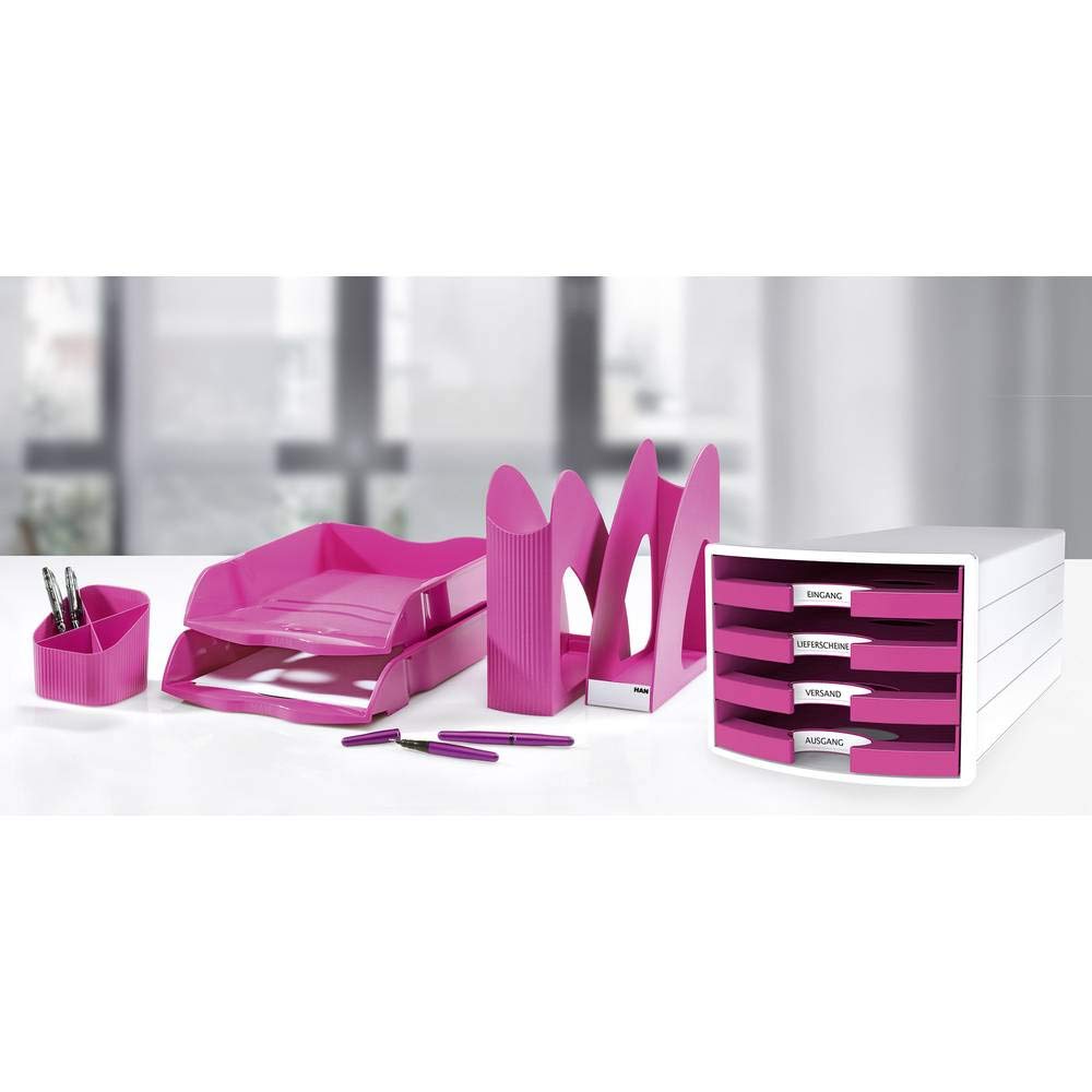 Han Impuls Drawer Box DIN A4/C4 4 Open Drawers White/Trend Colour Pink