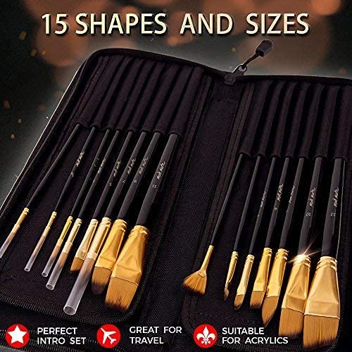 Mont Marte Art Paint Brushes Set, Great for Watercolor, Acrylic, Oil-15 Different Sizes Nice Gift