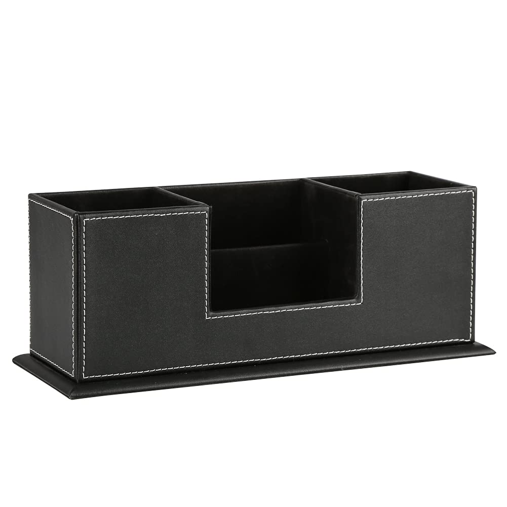 KINGFOM™ Double Holder Leather Multi-Function Desk Stationery Organizer Pen Pencil Holder Black