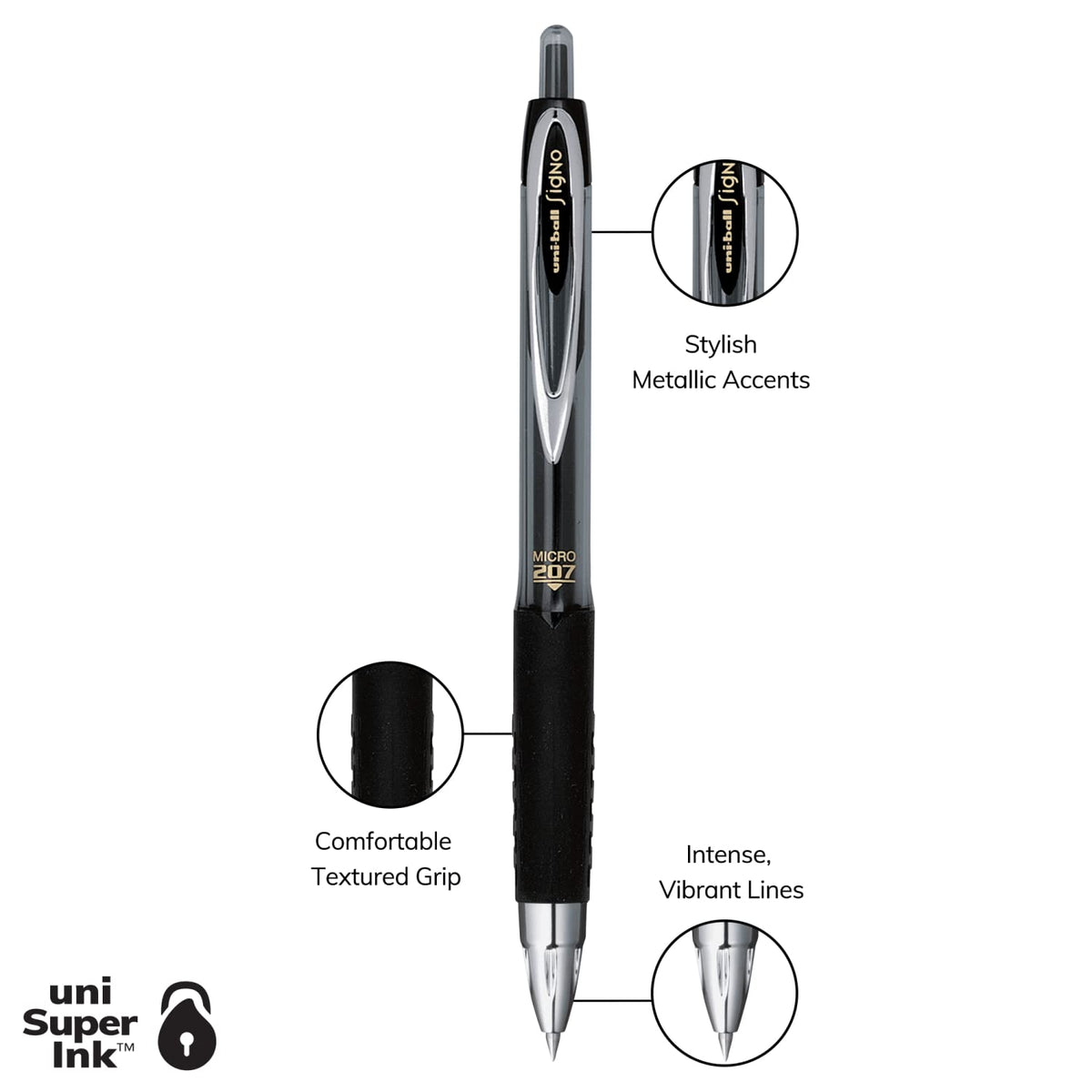 Uni Signo 207 Retractable Gel Pens, Micro 0.5mm, 4 Black, 3 Blue, 1 Red