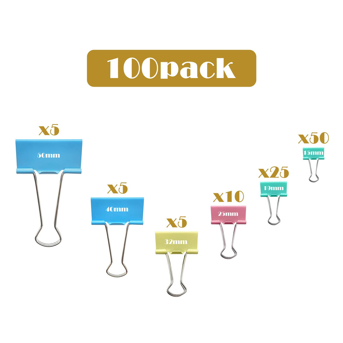Ykimok 100 Pcs Colored Binder Clips, Metal Paper Clamps 6 Assorted Sizes, Extra Large, Large