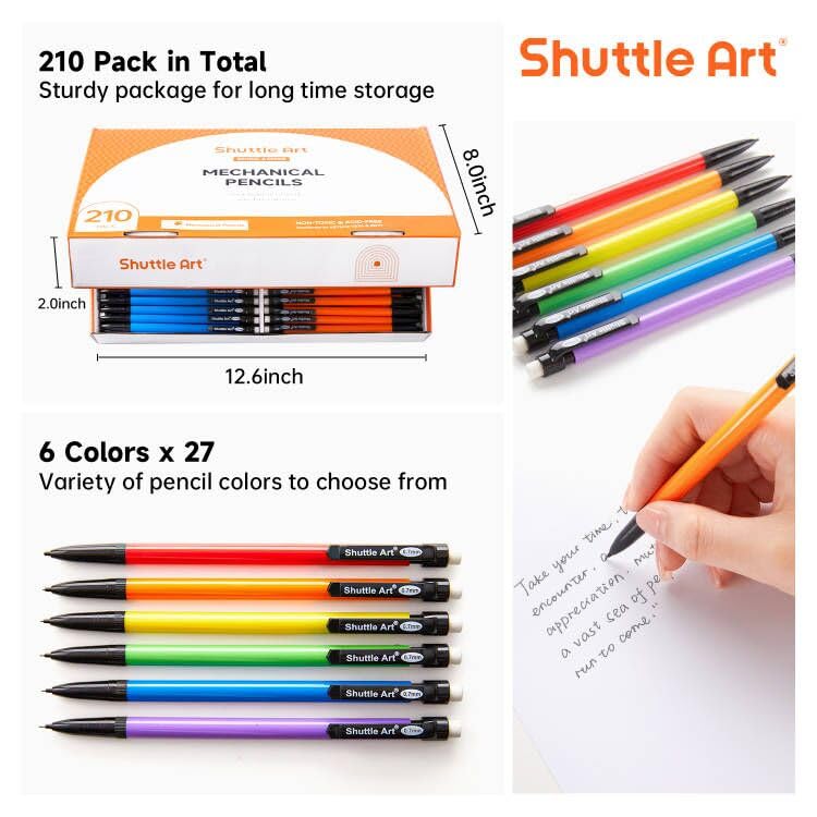Shuttle Art Mechanical Pencils, 210 Pack Bulk Mechanical Pencils 0.7mm Medium Point, HB #2 Lead