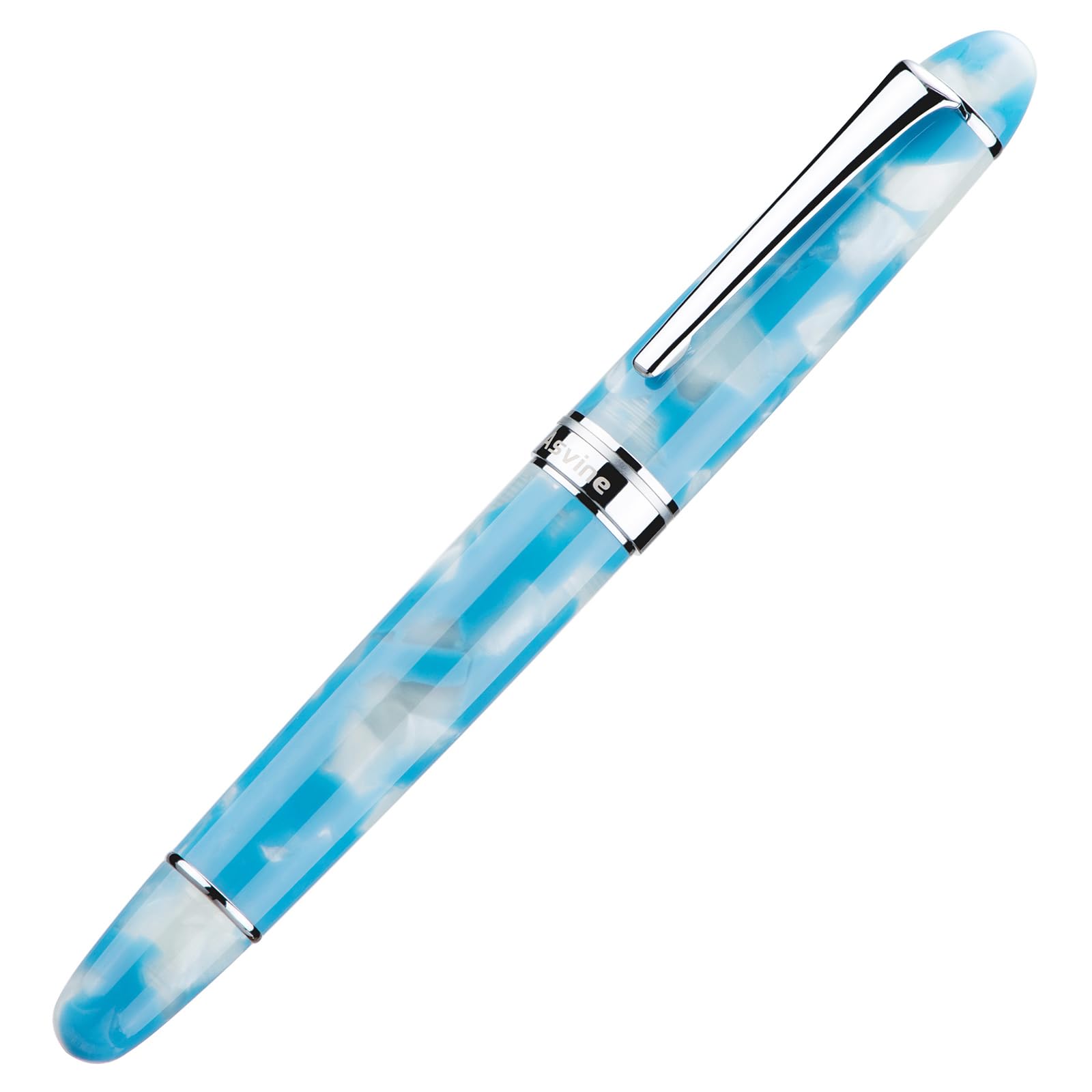 Asvine P50 Piston Fountain Pen Sky Blue Resin, Medium Nib Silver Trim Smooth Writer Collection with
