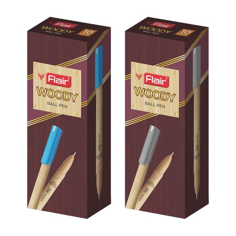 FLAIR Woody 0.7 mm Ball Pen Combo Pack | Attractive Woody Design | 10 Pcs Blue Ink & 10 Pcs Black
