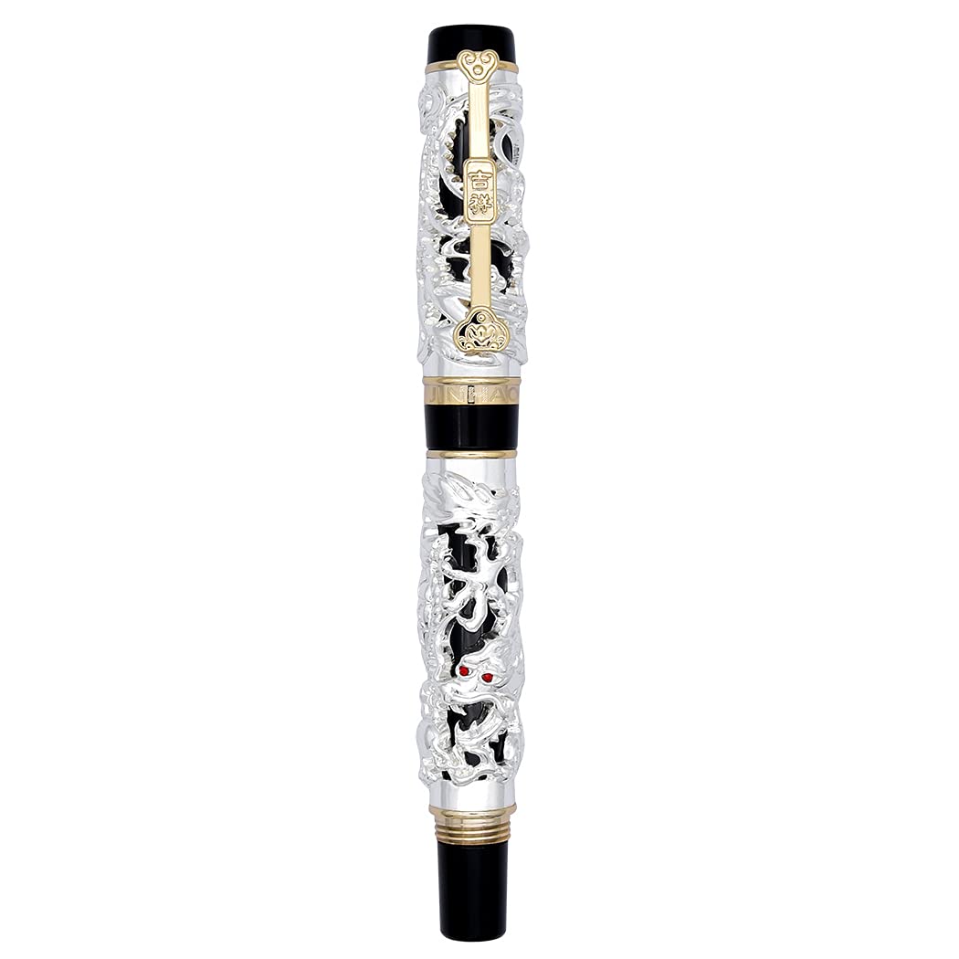 Dragon Pen Jinhao Fountain Pen Fine Nib Heavy Pen with Converter and Box Set, Silver