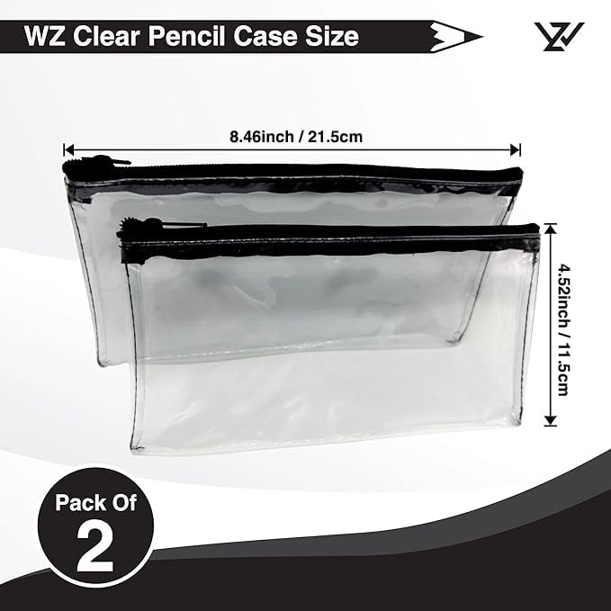 WZ Transparent PVC Pencil Cases - Clear Pencil Case with Zipper - For Girls & Boys (Pack of 2)