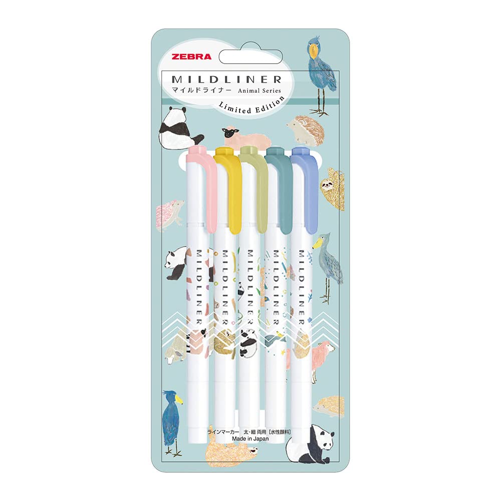 Zebra Mildliner WKT7-AS-5C-B Highlighter, Set of 5 Colors, Animal