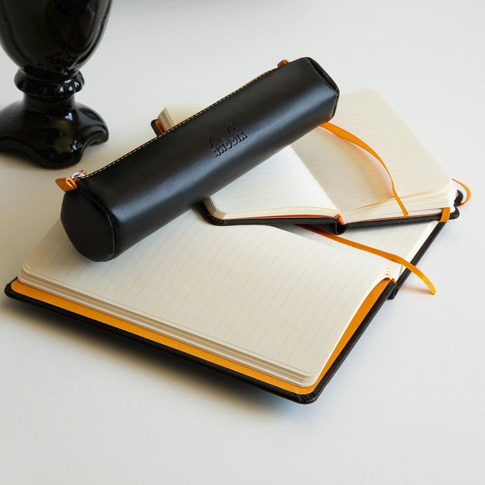 Rhodia 318892C - Rhodiarama Black Round Pencil Case - 21.5 x 5.5 cm - Genuine Orange Stitching