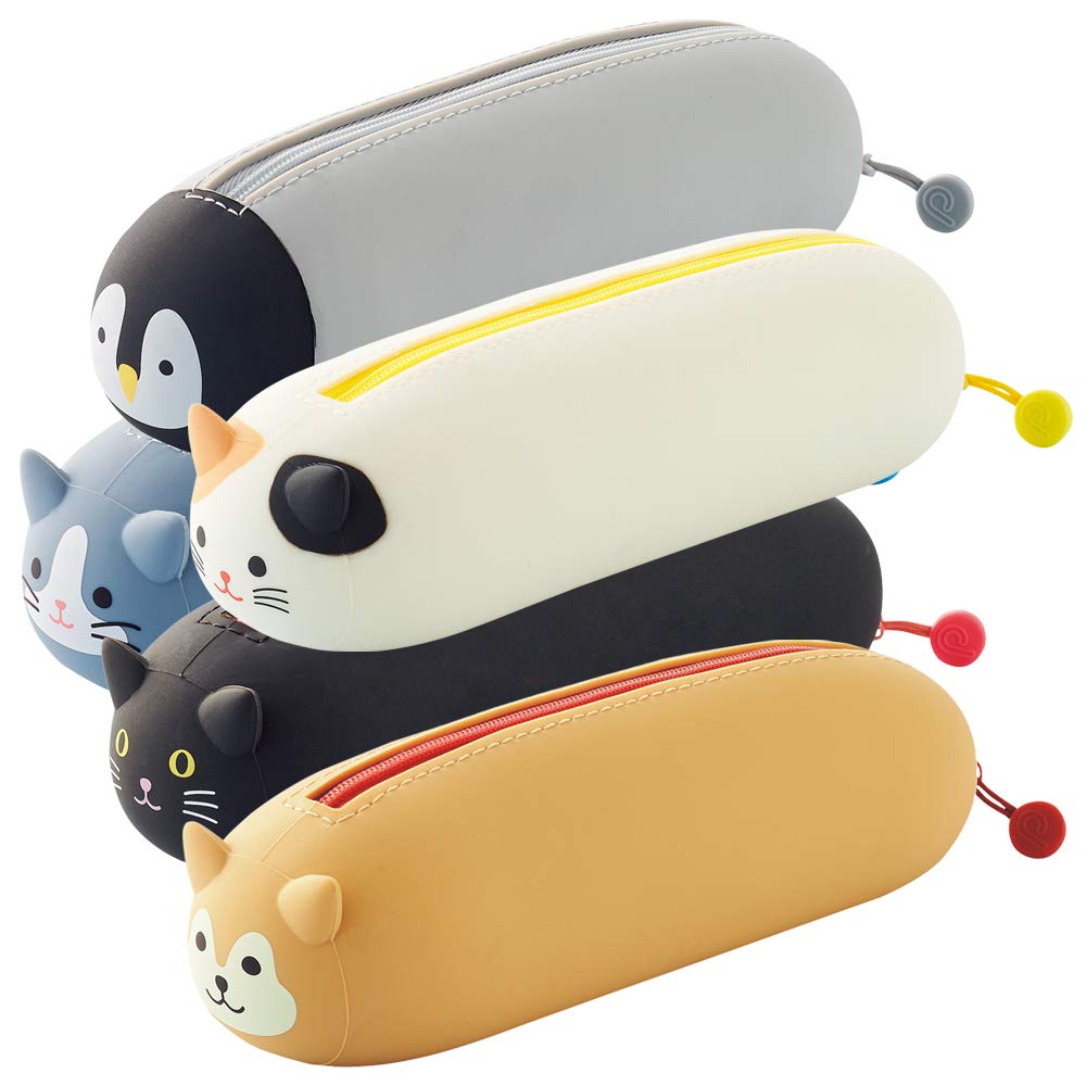 LIHIT LAB PuniLabo Zipper Pen Case/Pouch, Horizontal, 2.5" x 7.9", Gray Cat (A7781-4)