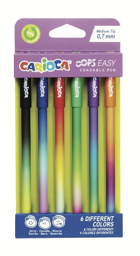 Carioca Oops Easy Erasable Pens Assorted Colours | Box of 6 Erasable Pens with Thermo-Sensitive Ink