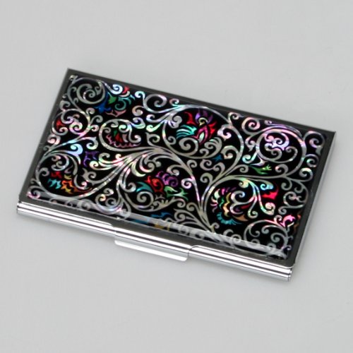 Antique Alive Mother of Pearl Black Business Credit Id Name Card Case Holder Metal Stainless Steel