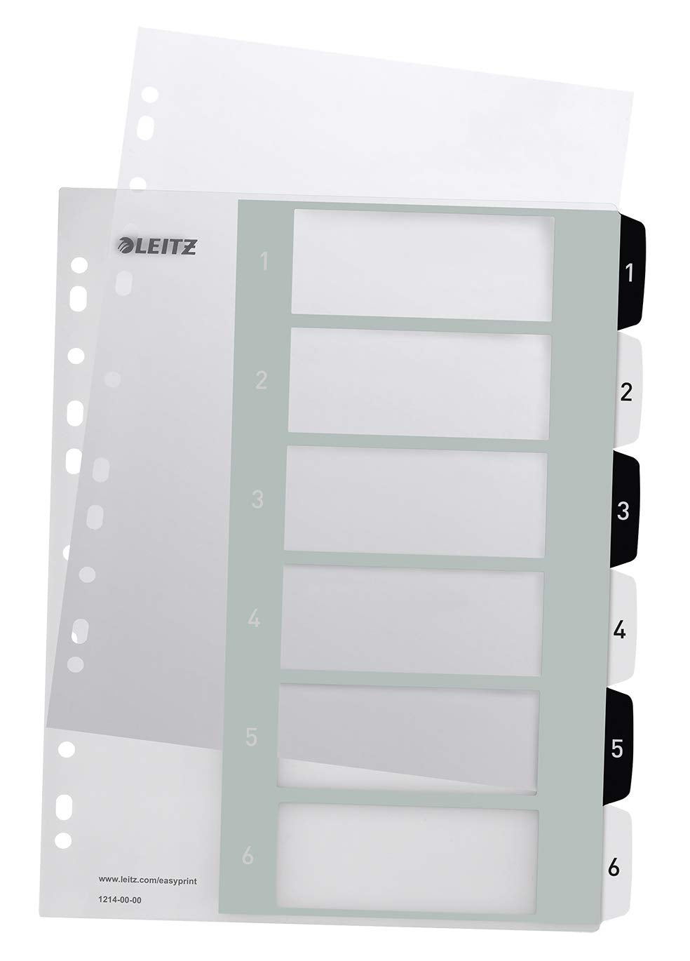 Leitz Wow Printable Index, Extra-Wide, 1-6 Numbered Tabs, PP, A4, White/Black