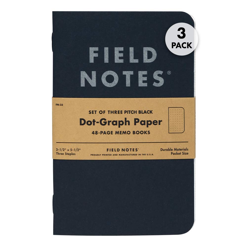 Field Notes 3-Pack Pitch Black Memo Books (3.5" X 5.5"), Dot-Graph, 48 Pages | Thin Pocket Sized