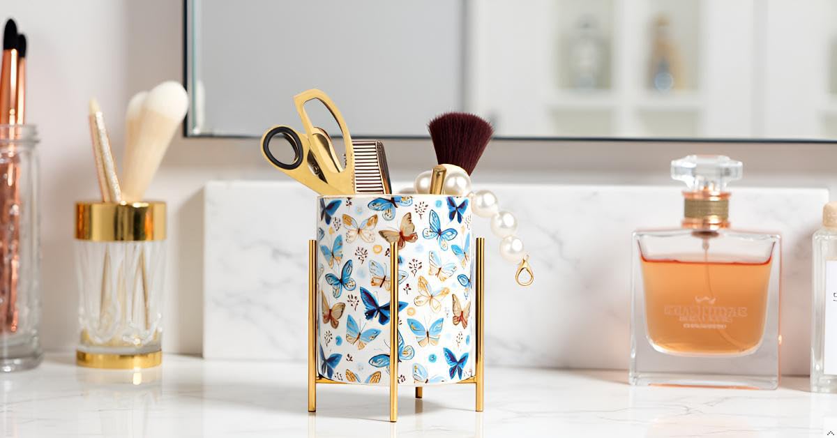 SIEBOLD Pencil Cup Sturdy Metal frame with white Ceramic Pen Holder For Desks and kitchen Appliance