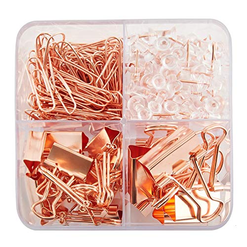 KIDMEN Rosegold kit,Set of Binder Clips,Paper Clips,Push Pins, Total 226pcs