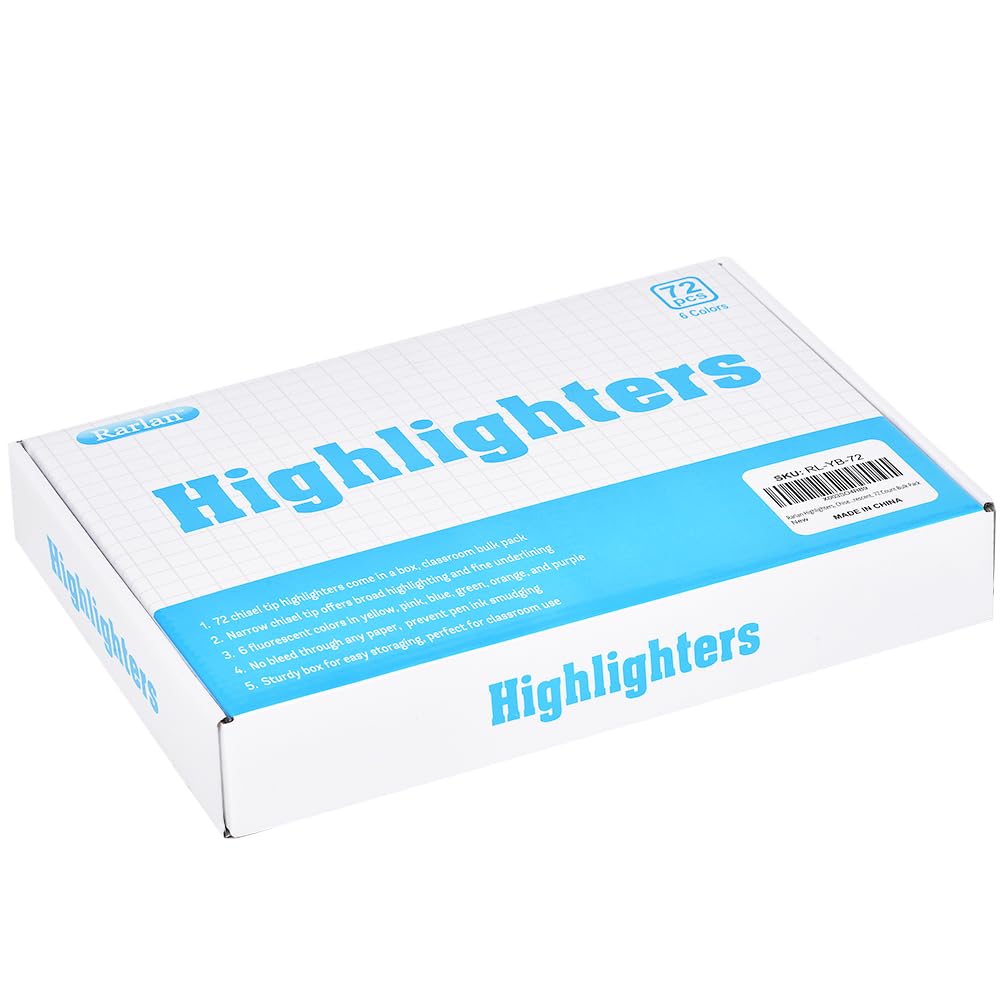 Rarlan Highlighters, Chisel Tip, Assorted Fluorescent, 72 Count Bulk Pack