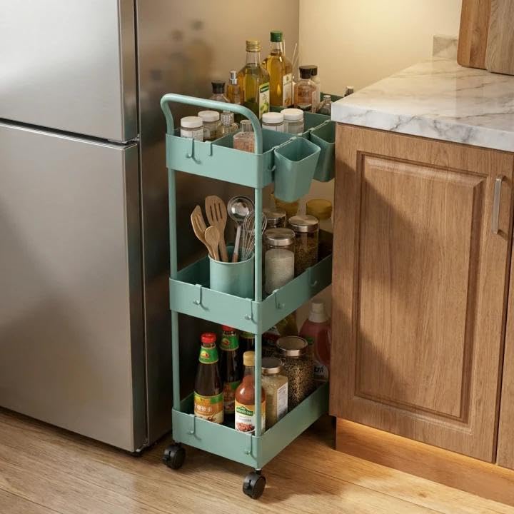danpinera Storage Cart on Wheels, 3 Tier Bathroom Cart Organizer Slim Laundry Narrow Shelf with