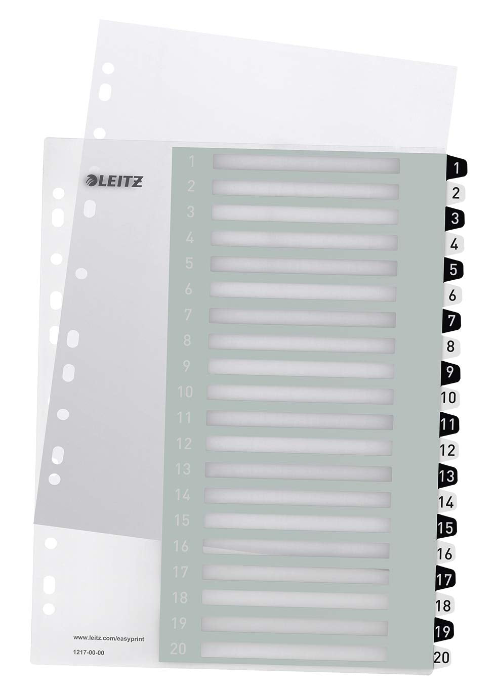 Leitz Wow Printable Index, Extra-Wide, 1-20 Numbered Tabs, PP, A4, White/Black