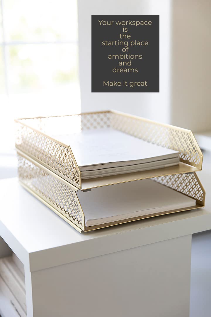 BLU MONACO | Paper Tray Stackable Gold Set of 2 | Stackable File Trays for Desk Organization |