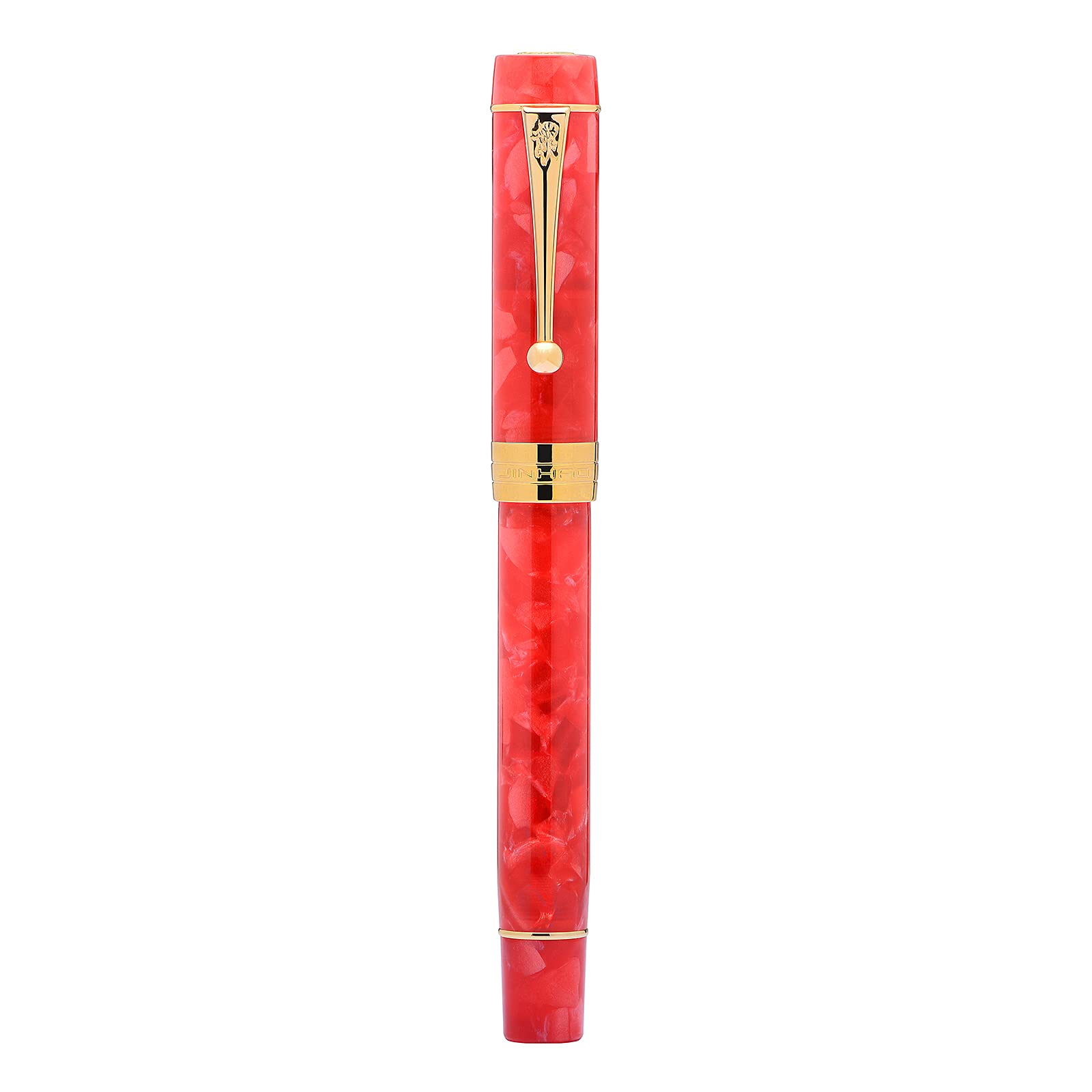 Jinhao 100 Classic Fountain Pen Red Marble Celluloid Gold Trim, Fine Point with Converter and Pen