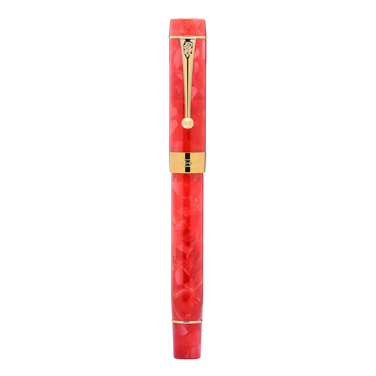 Jinhao 100 Classic Fountain Pen Red Marble Celluloid Gold Trim, Medium Nib with Converter and Pen